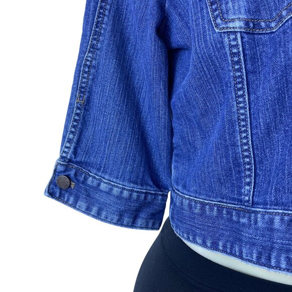 Loft Womens Medium Blue Denim Button Front Cropped Jacket 3/4 Sleeve Cotton - Picture 5 of 8